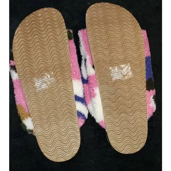 R2 Bernette Multi Color Fuzzy Slip On Sherpa Strap Faux Suede Camo Sandals 9 New - Picture 5 of 5